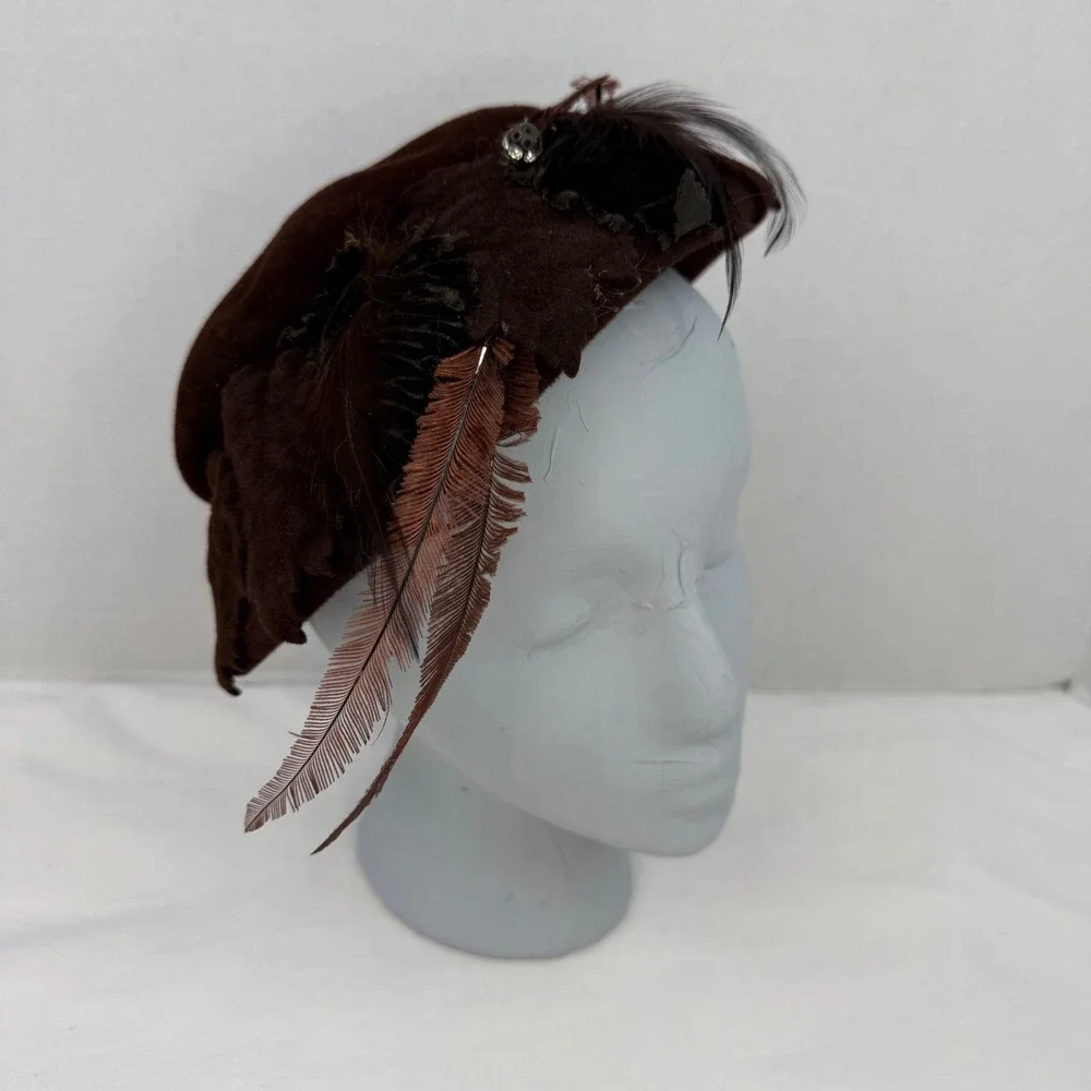 Vintage Henry G. Ross Original Brown Velour Feather Beret Hat Medium NY Paris